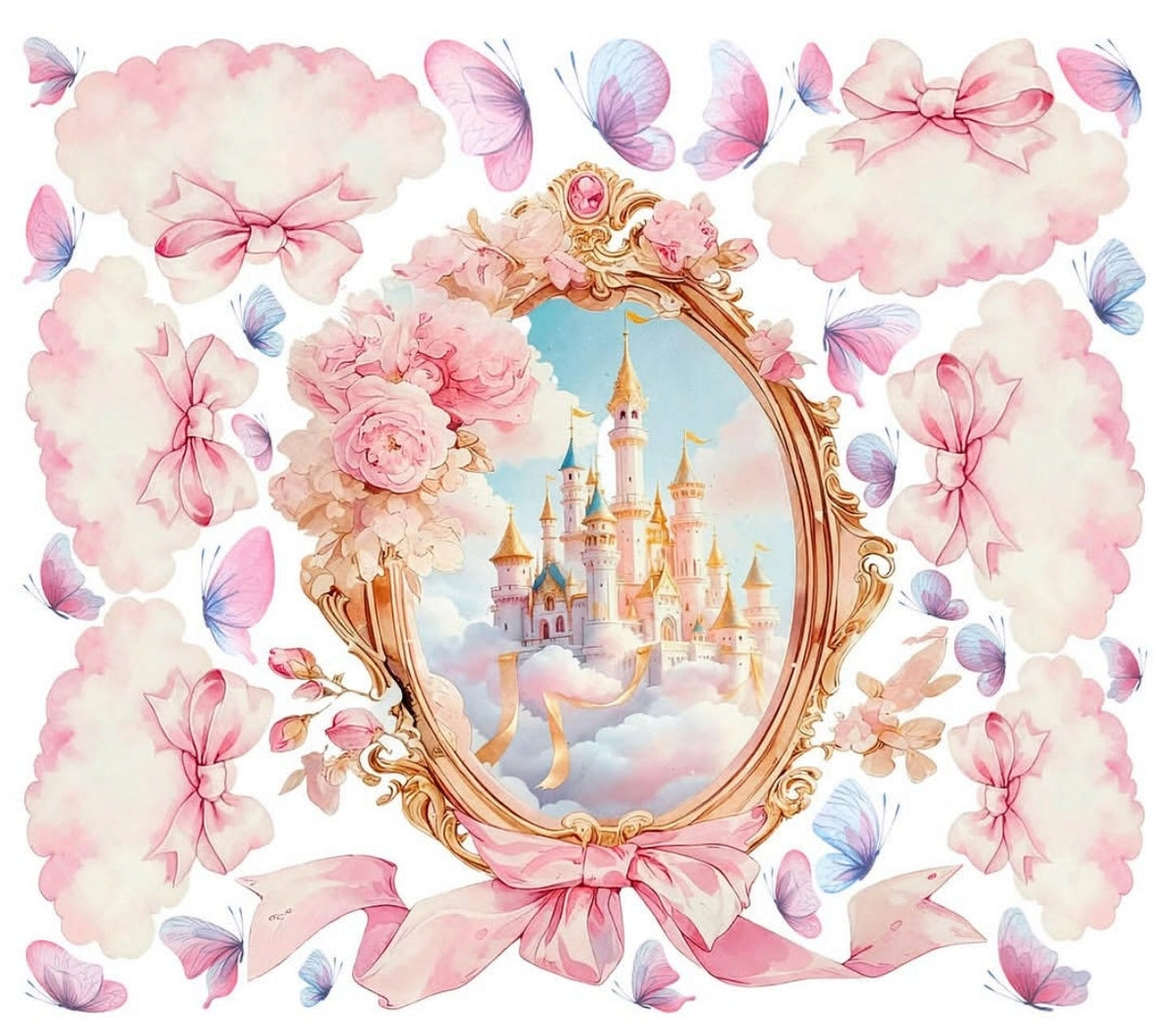 Wall sticker castello fiabesco con farfalle fiocchi e nuvole rosa acquerello cameretta bambina, staccabile