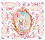 Wall sticker castello fiabesco con farfalle fiocchi e nuvole rosa acquerello cameretta bambina, staccabile