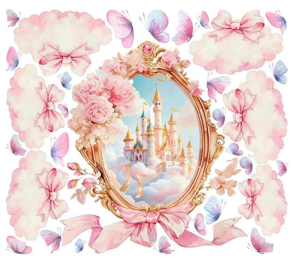Wall sticker castello fiabesco con farfalle fiocchi e nuvole rosa acquerello cameretta bambina, staccabile