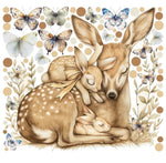 Wall sticker cerbiatto e conigli abbracciati beige acquerello cameretta neonato, sticker staccabile tenero