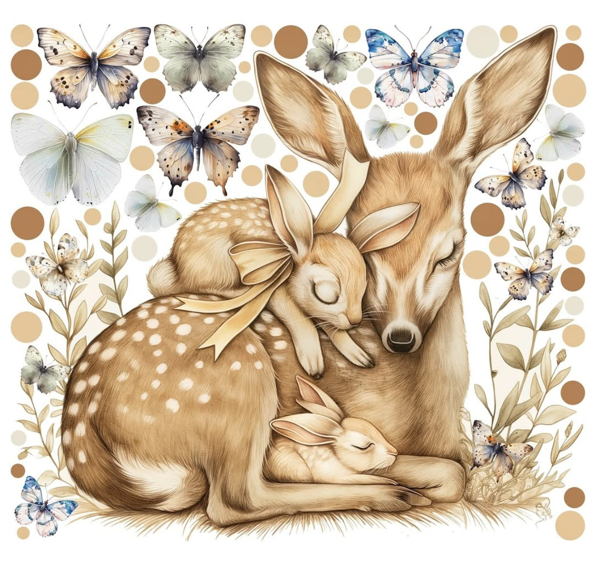 Wall sticker cerbiatto e conigli abbracciati beige acquerello cameretta neonato, sticker staccabile tenero