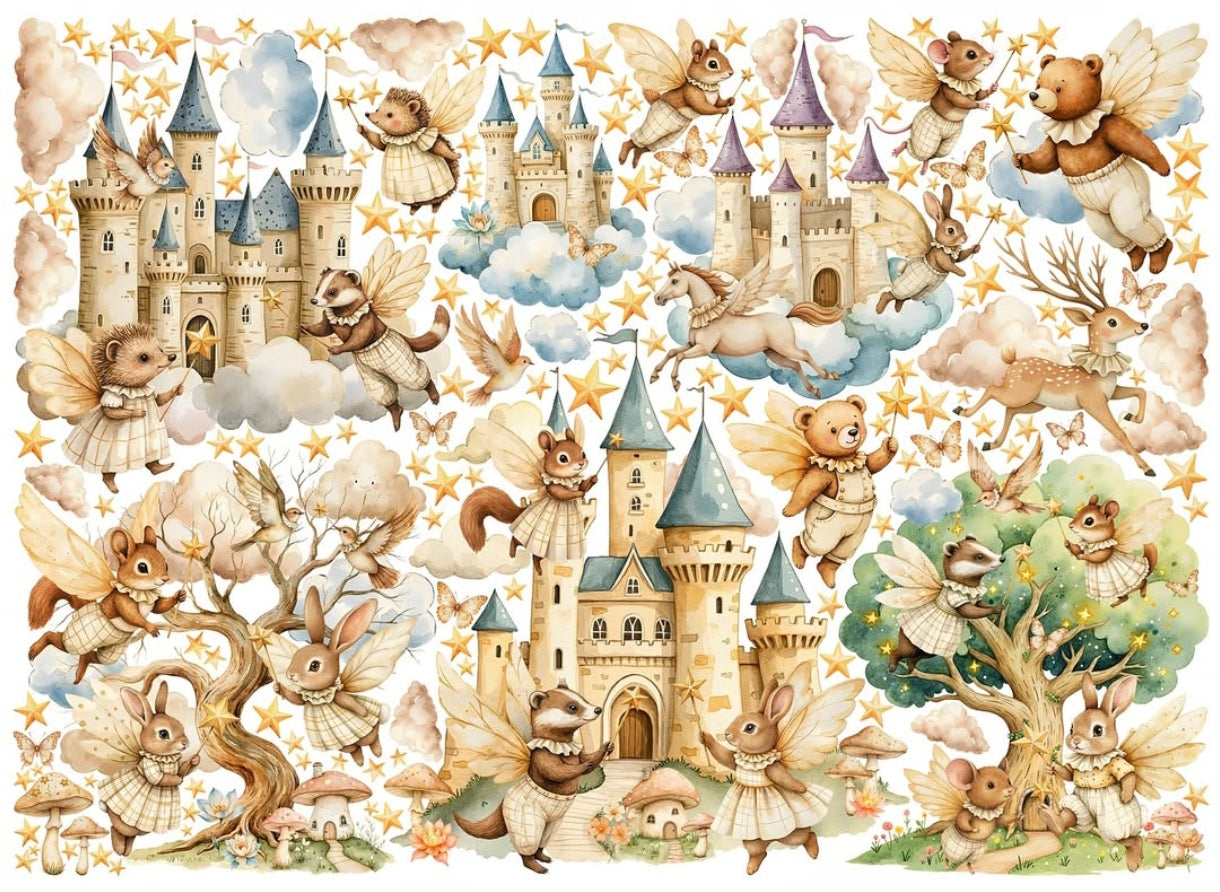 Wall sticker fiaba incantata animali del bosco con ali castelli e stelle cameretta bambina, sticker staccabile