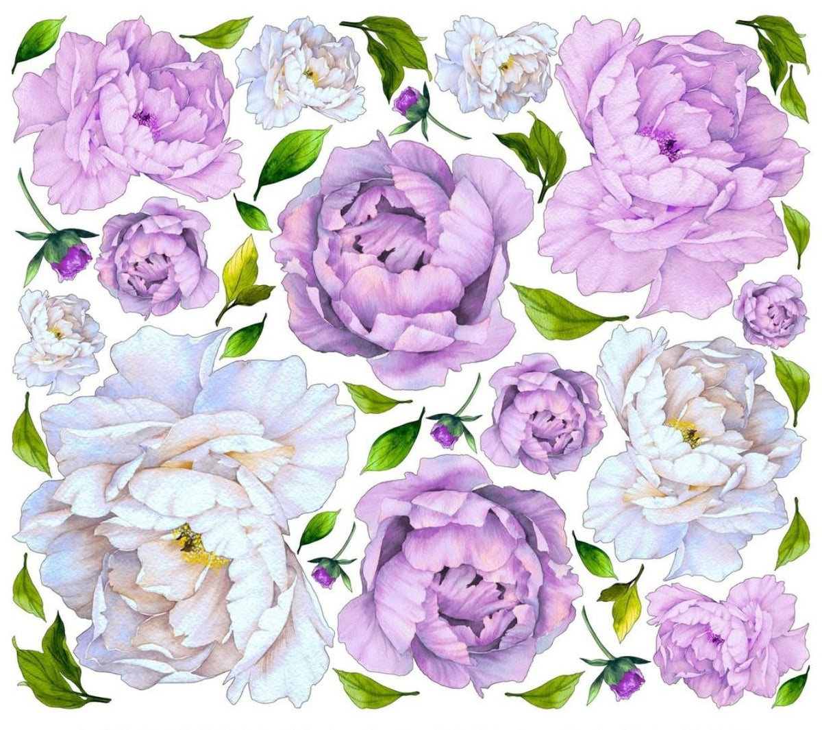 Wall sticker peonie viola lavanda e bianche acquerello, decorazione murale romantica cameretta bambina, adesivo parete rimovibile