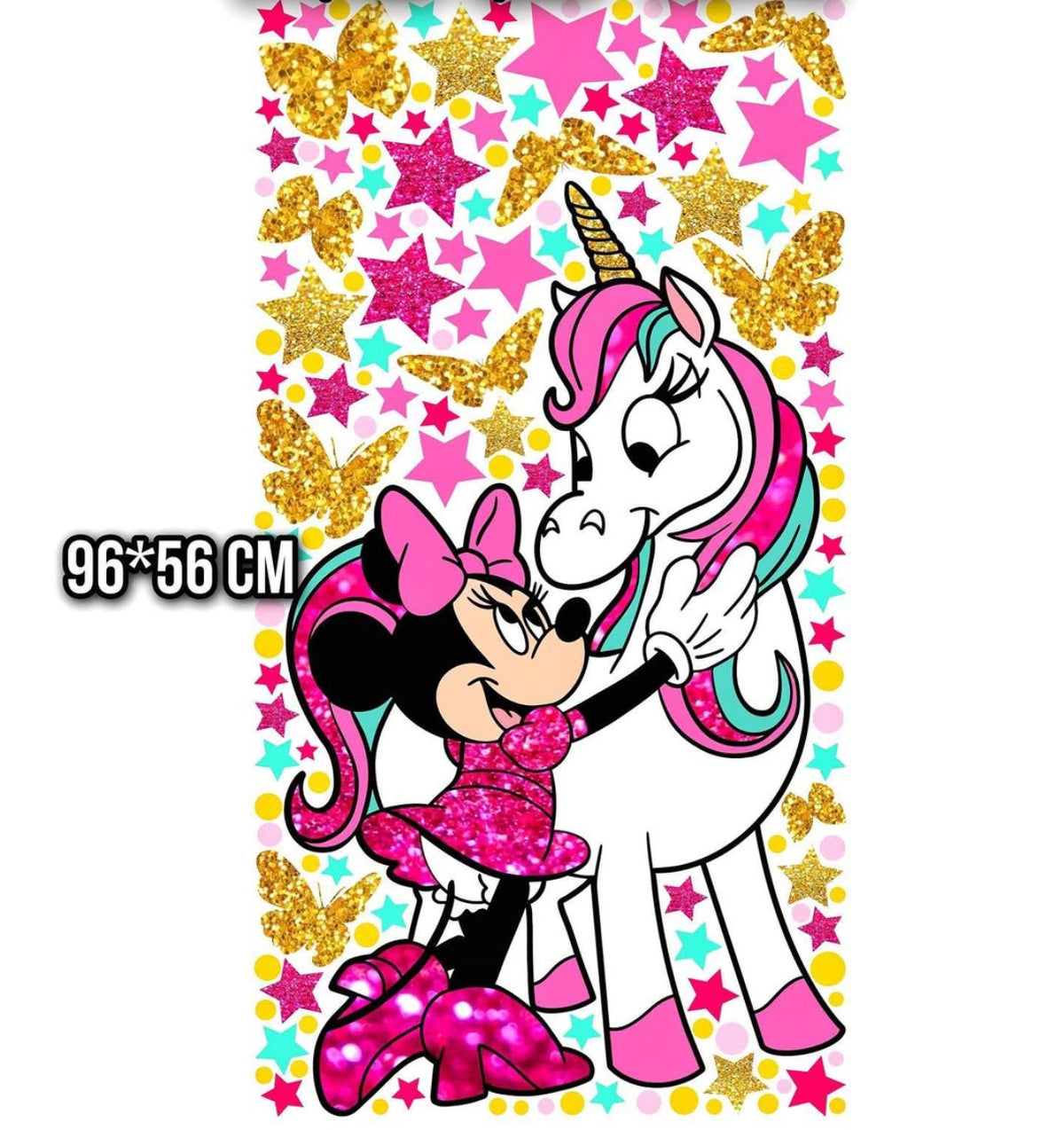 Wall sticker personaggio cartone unicorno abraccio stelle farfalle gold fucsia cameretta bambina, staccabile