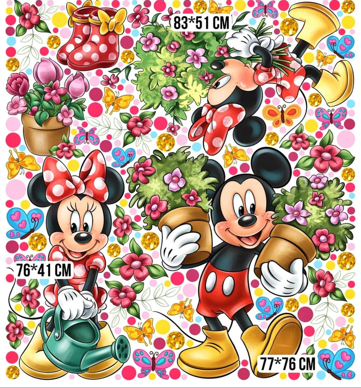 Wall sticker topolini in giardino con fiori annaffiatoio e farfalle cameretta bambini, sticker staccabile