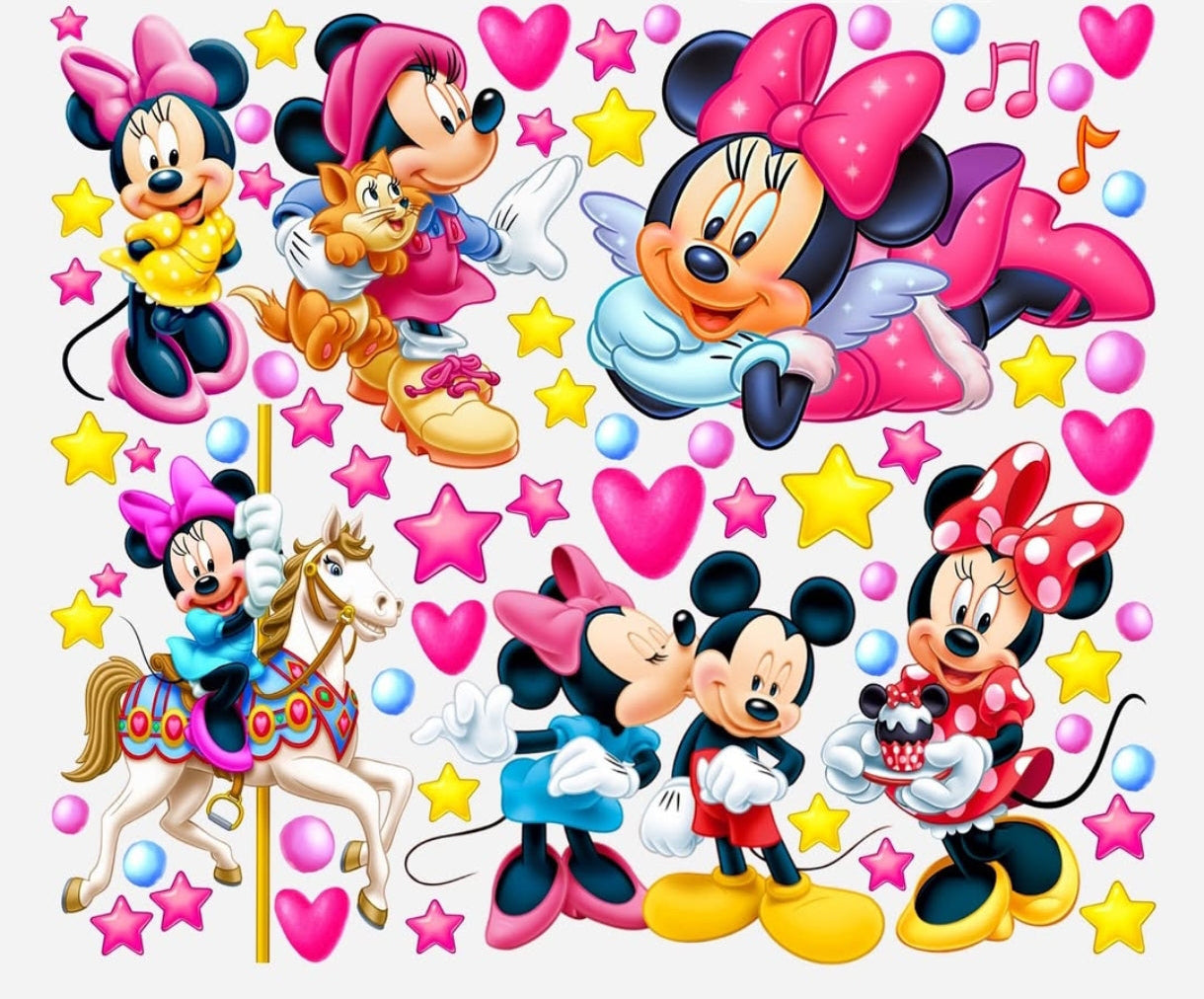 Adesivi murali personaggi cartone topolini giostra cuori e stelle rosa giallo cameretta bambina, wall sticker rimovibile