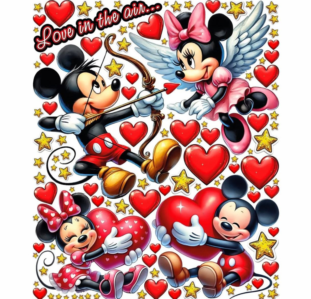 Wall sticker topolini innamorati cuori rossi e stelle dorate cameretta bambini, sticker staccabile