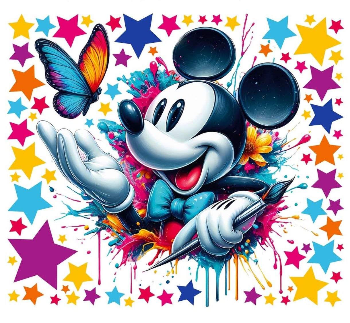 Wall sticker topolino pittore farfalla schizzi colore stelle multicolor cameretta bambino, staccabile