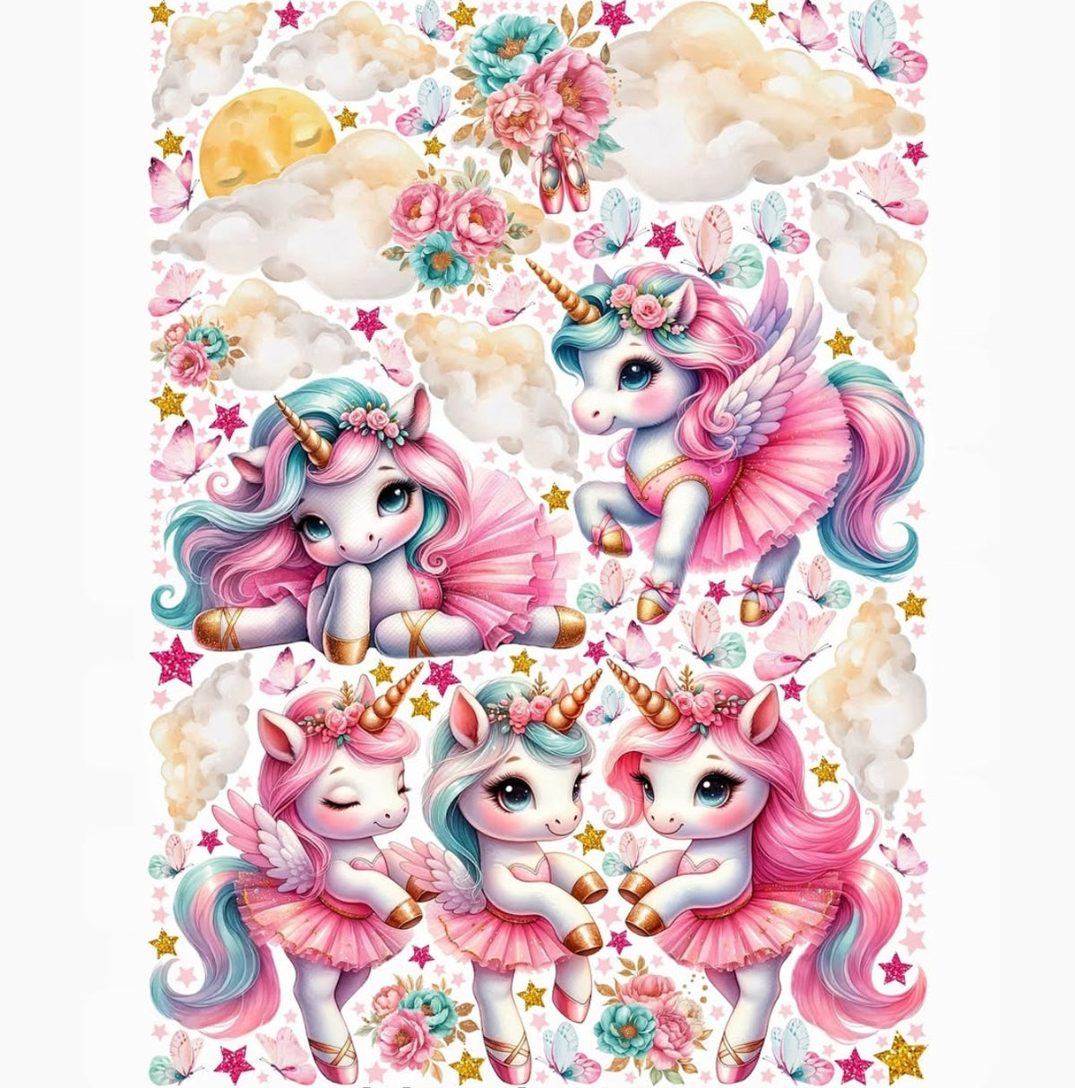 Wall sticker unicornini ballerine rosa e turchese con nuvole stelle acquerello cameretta bambina, staccabile