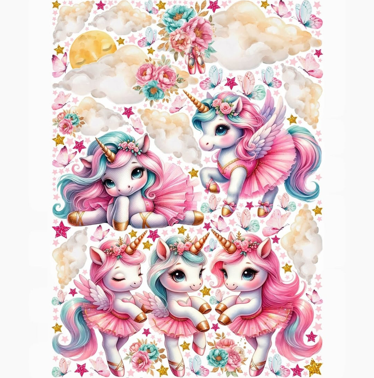 Wall sticker unicornini ballerine rosa e turchese con nuvole stelle acquerello cameretta bambina, staccabile
