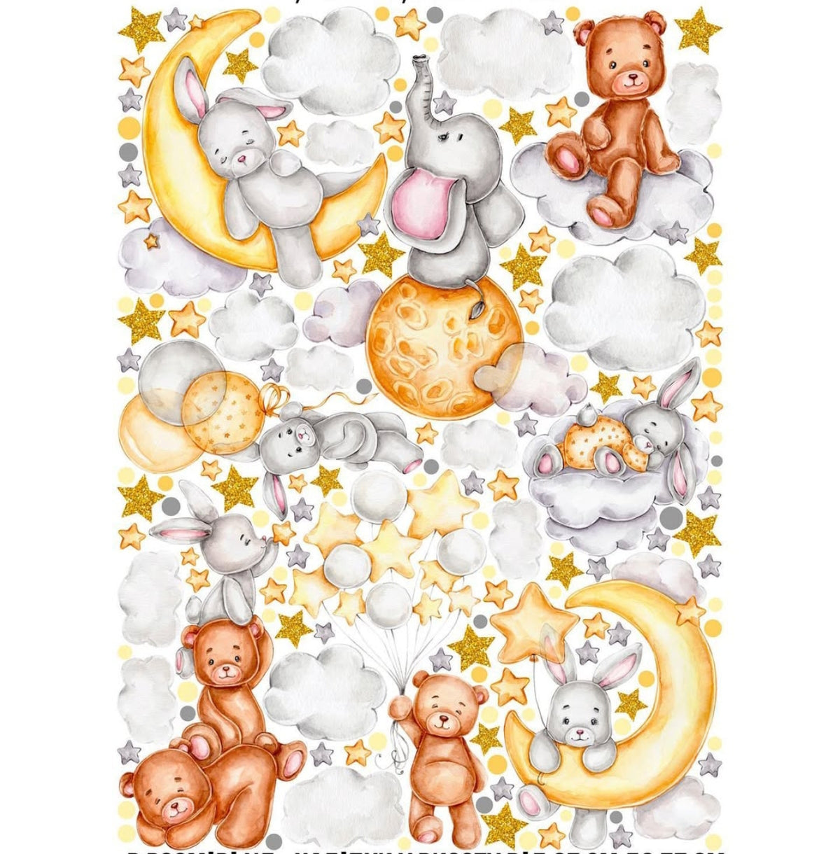 Wall sticker cameretta unisex luna dorata stelle orsetto coniglio elefante nuvole palloncini staccabili personalizzabili