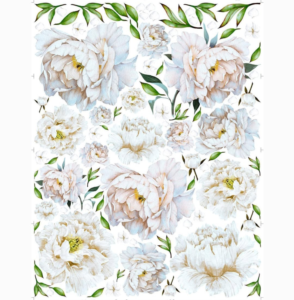 Wall sticker peonie bianche e cipria acquerello cameretta bambina, adesivo parete rimovibile elegante